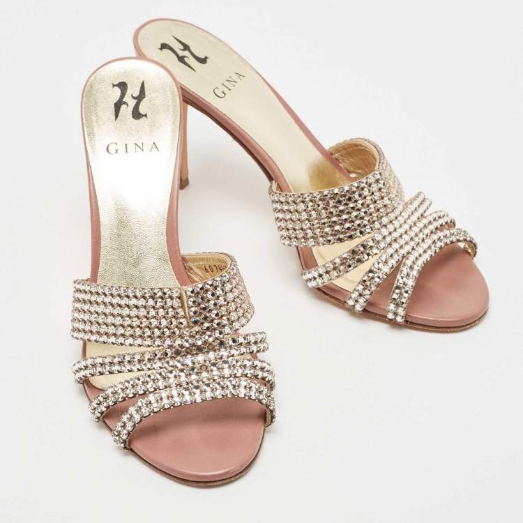 مملوكة مسبقًا Gina Silver/Pink Crystal Embellished Leather Slide Sandals Size 39.5