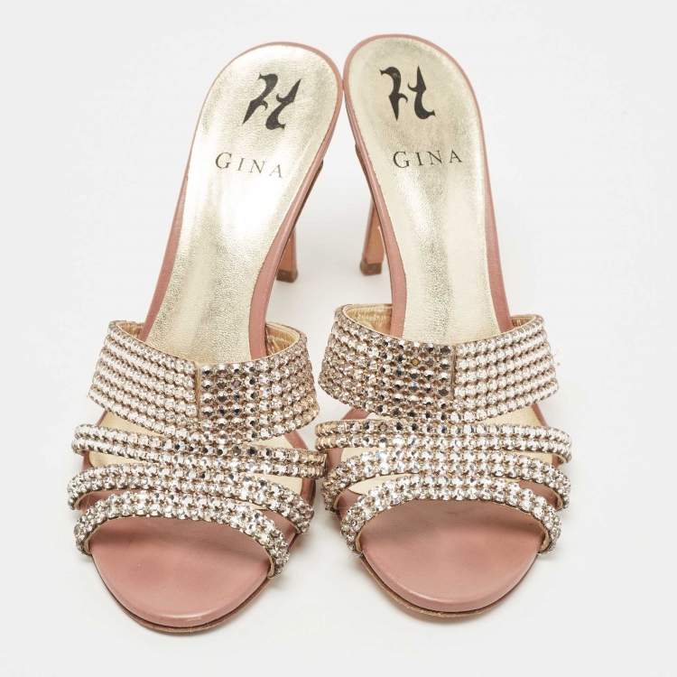 مملوكة مسبقًا Gina Silver/Pink Crystal Embellished Leather Slide Sandals Size 39.5