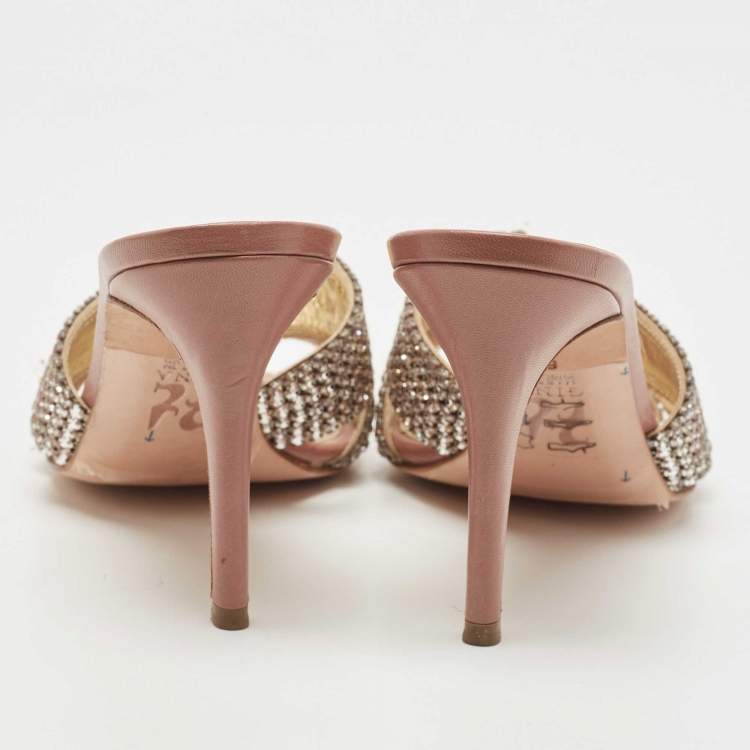 مملوكة مسبقًا Gina Silver/Pink Crystal Embellished Leather Slide Sandals Size 39.5