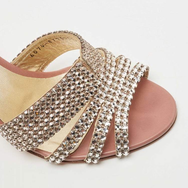 مملوكة مسبقًا Gina Silver/Pink Crystal Embellished Leather Slide Sandals Size 39.5