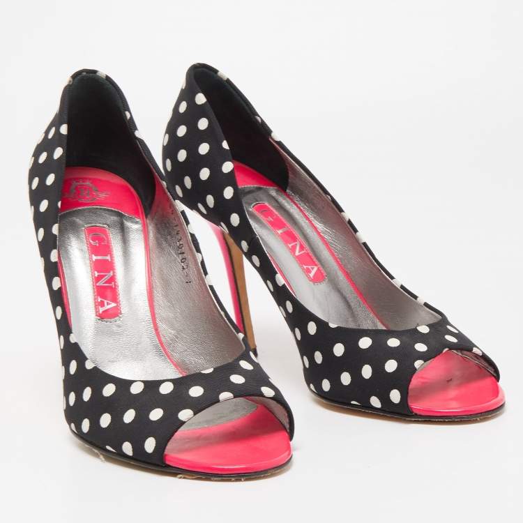 Pre Owned Gina Black/White Polka Dot Canvas Peep Toe Pumps Size 40