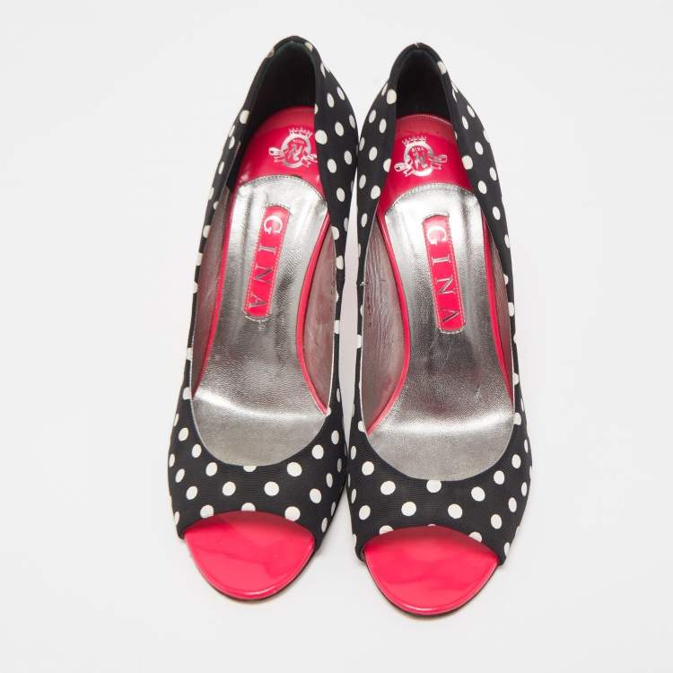 Pre Owned Gina Black/White Polka Dot Canvas Peep Toe Pumps Size 40