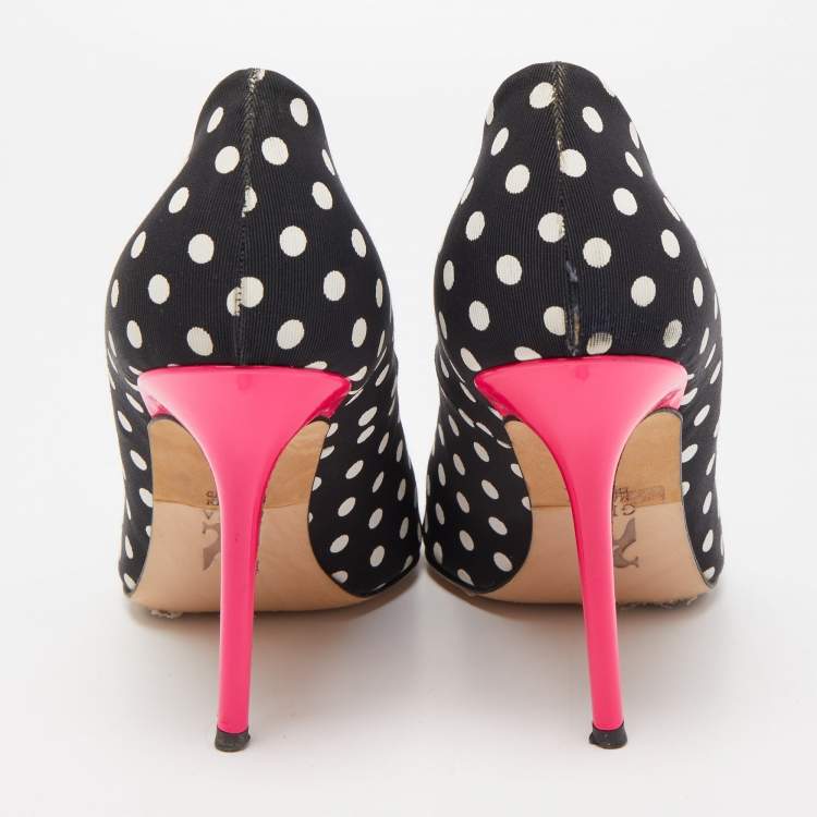 Pre Owned Gina Black/White Polka Dot Canvas Peep Toe Pumps Size 40