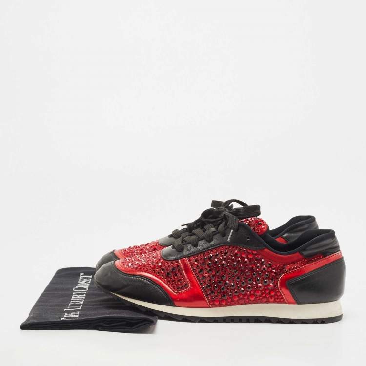 Pre Owned Gina Black/Red Leather And Embellished Satin Luminosa Low Top Sneakers Size 41