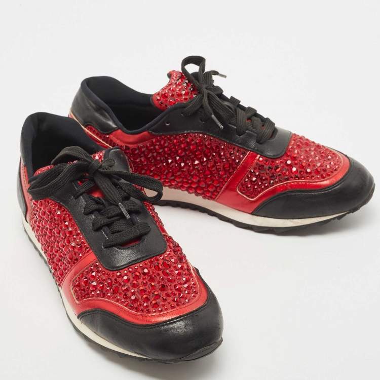 Pre Owned Gina Black/Red Leather And Embellished Satin Luminosa Low Top Sneakers Size 41