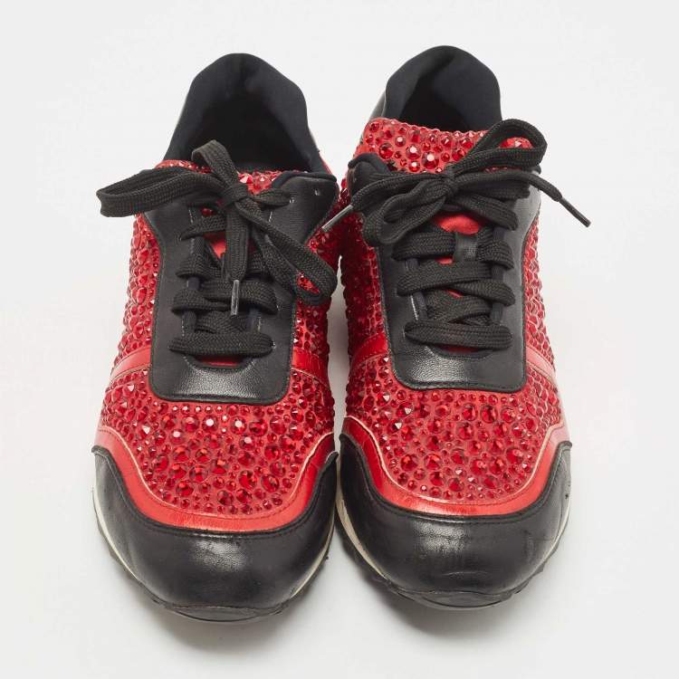 Pre Owned Gina Black/Red Leather And Embellished Satin Luminosa Low Top Sneakers Size 41