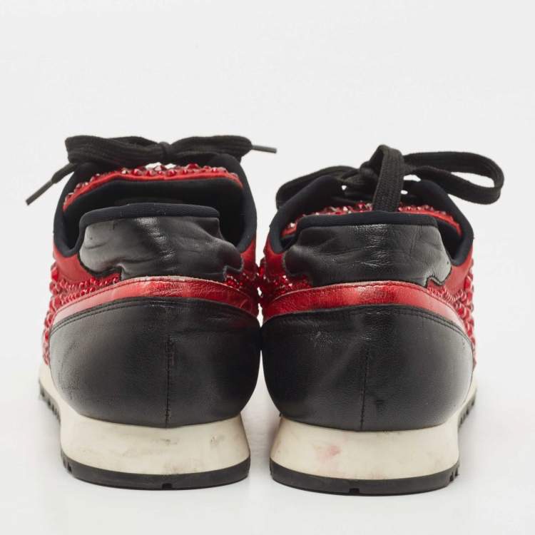 Pre Owned Gina Black/Red Leather And Embellished Satin Luminosa Low Top Sneakers Size 41