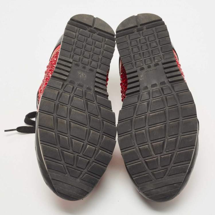 Pre Owned Gina Black/Red Leather And Embellished Satin Luminosa Low Top Sneakers Size 41