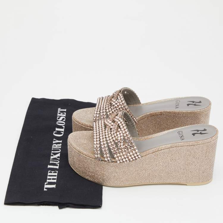 Pre Owned Gina Gold Lurex Fabric Crystal Embellished Wedge Platform Sandals Size 38.5