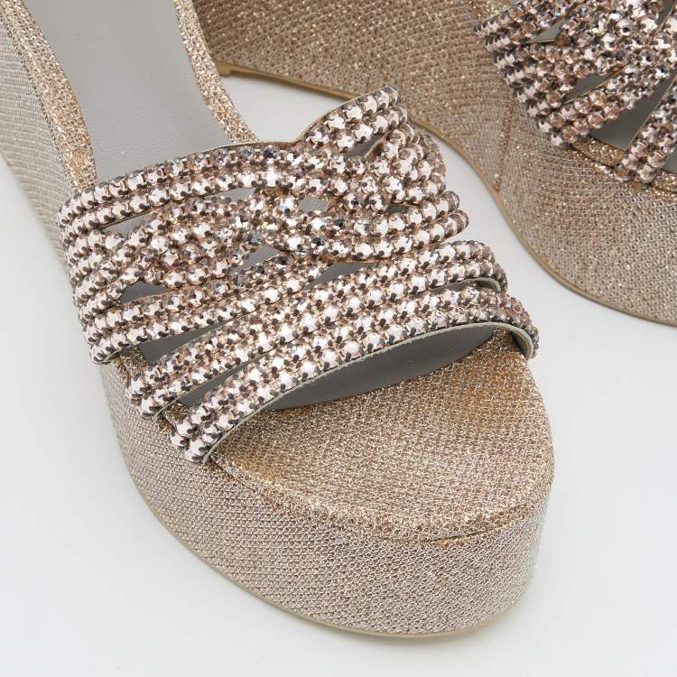Pre Owned Gina Gold Lurex Fabric Crystal Embellished Wedge Platform Sandals Size 38.5