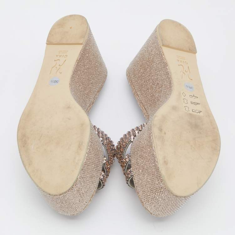 Pre Owned Gina Gold Lurex Fabric Crystal Embellished Wedge Platform Sandals Size 38.5