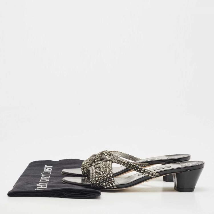 Pre Owned Gina Grey Crystal Embellished Leather Slide Sandals Size 38