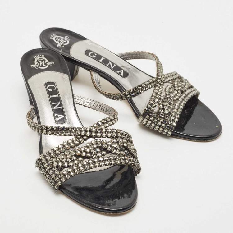 Pre Owned Gina Grey Crystal Embellished Leather Slide Sandals Size 38