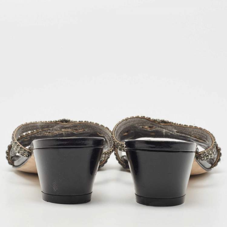 Pre Owned Gina Grey Crystal Embellished Leather Slide Sandals Size 38