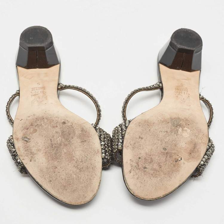 Pre Owned Gina Grey Crystal Embellished Leather Slide Sandals Size 38