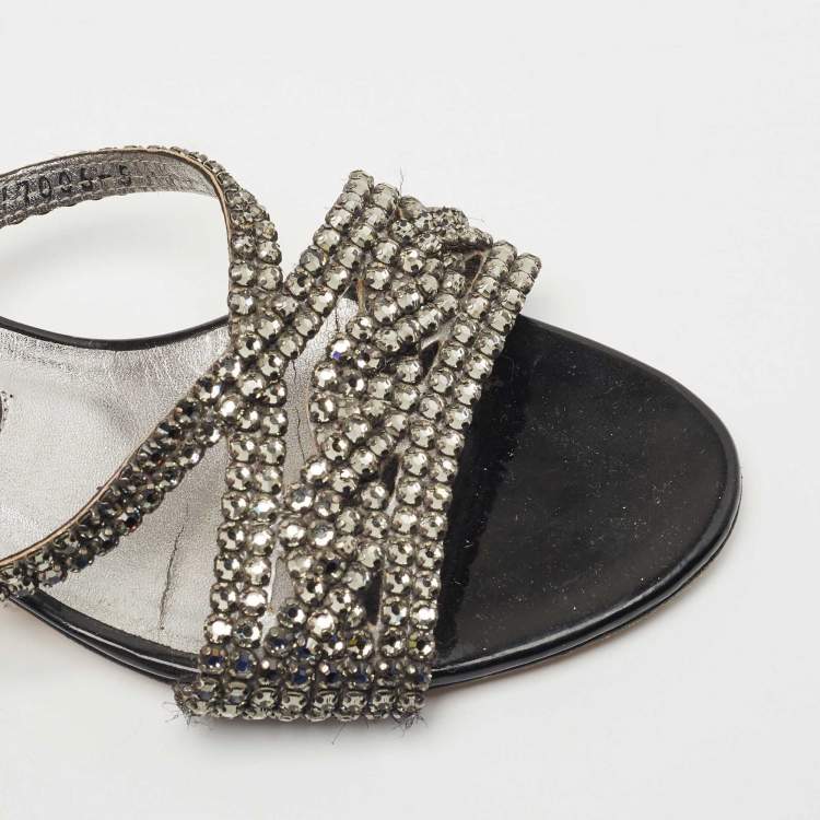 Pre Owned Gina Grey Crystal Embellished Leather Slide Sandals Size 38