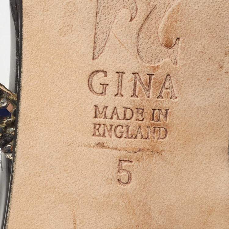 Pre Owned Gina Grey Crystal Embellished Leather Slide Sandals Size 38