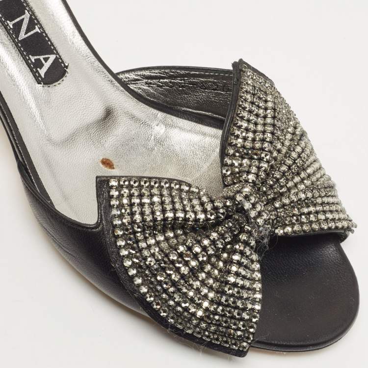 مملوكة مسبقًا Gina Black Leather Crystal Embellished Bow Slide Sandals Size 39