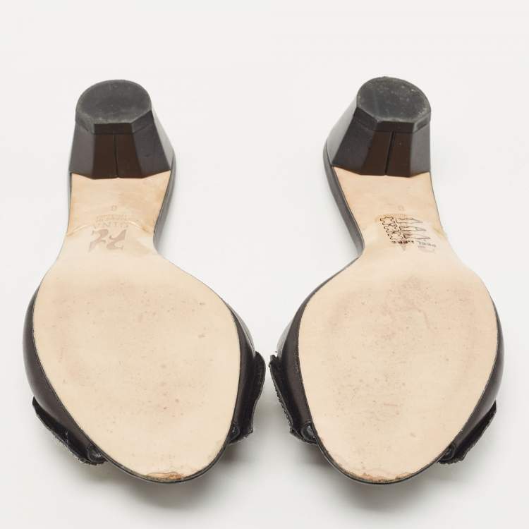 مملوكة مسبقًا Gina Black Leather Crystal Embellished Bow Slide Sandals Size 39