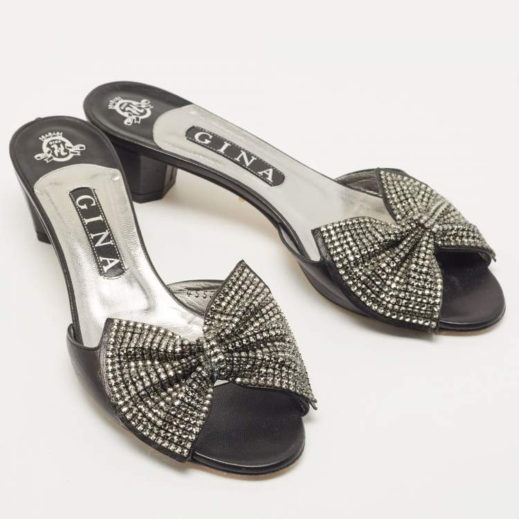 مملوكة مسبقًا Gina Black Leather Crystal Embellished Bow Slide Sandals Size 39