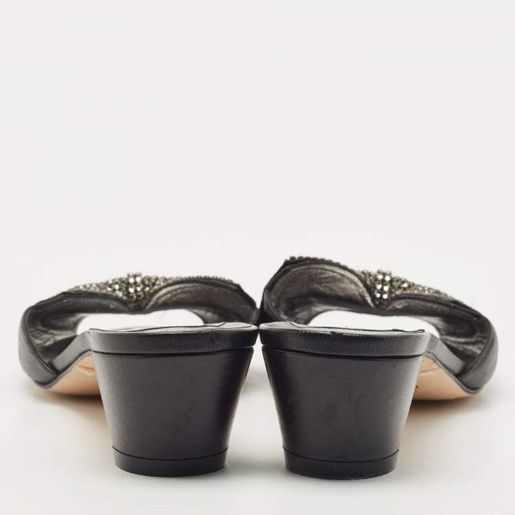 مملوكة مسبقًا Gina Black Leather Crystal Embellished Bow Slide Sandals Size 39
