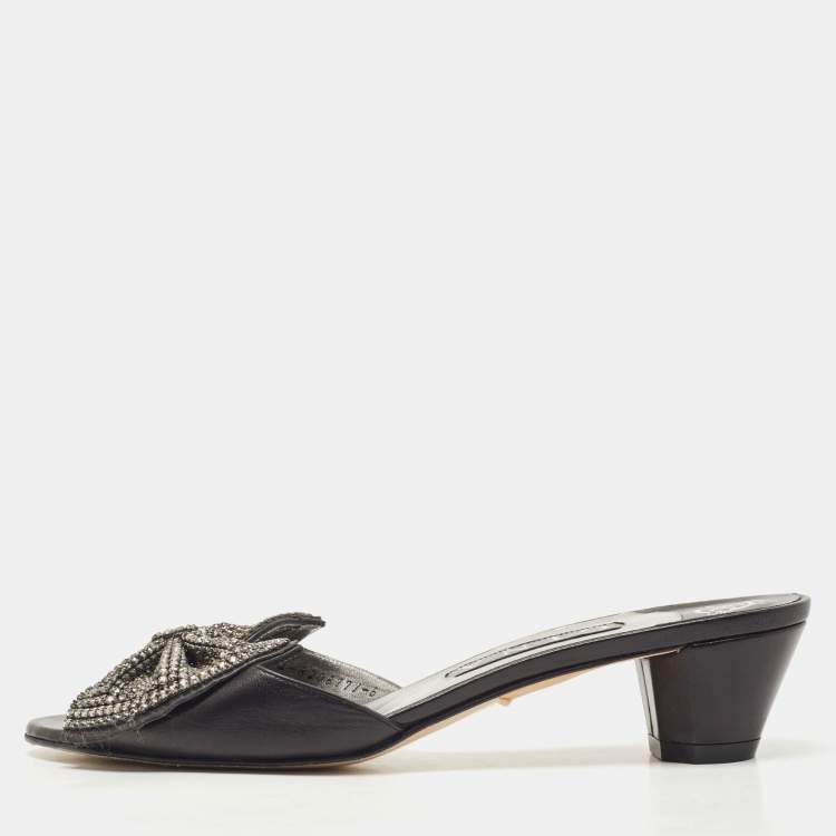 مملوكة مسبقًا Gina Black Leather Crystal Embellished Bow Slide Sandals Size 39