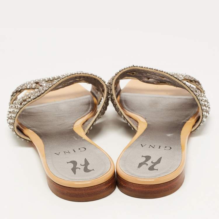 مملوكة مسبقًا Gina Silver/Beige Crystal Embellished Leather Flat Slides Size 38.5