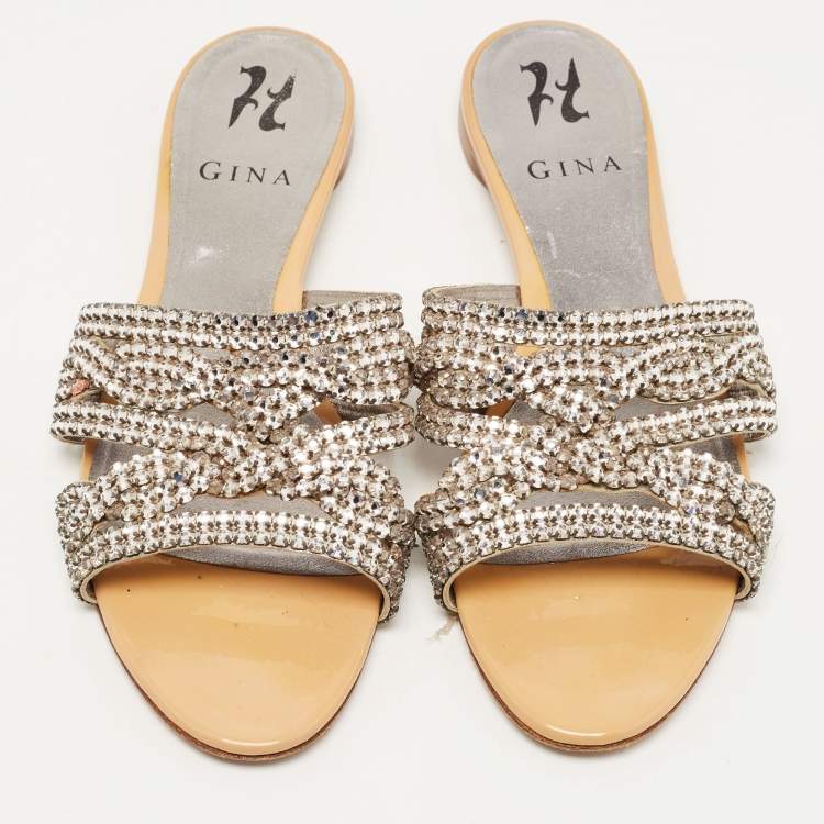 مملوكة مسبقًا Gina Silver/Beige Crystal Embellished Leather Flat Slides Size 38.5