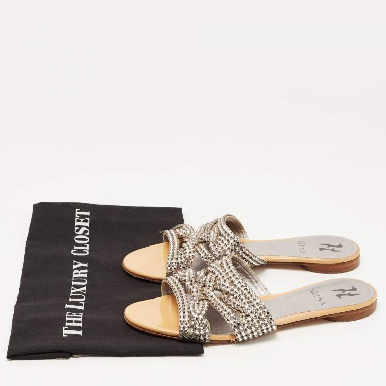 مملوكة مسبقًا Gina Silver/Beige Crystal Embellished Leather Flat Slides Size 38.5