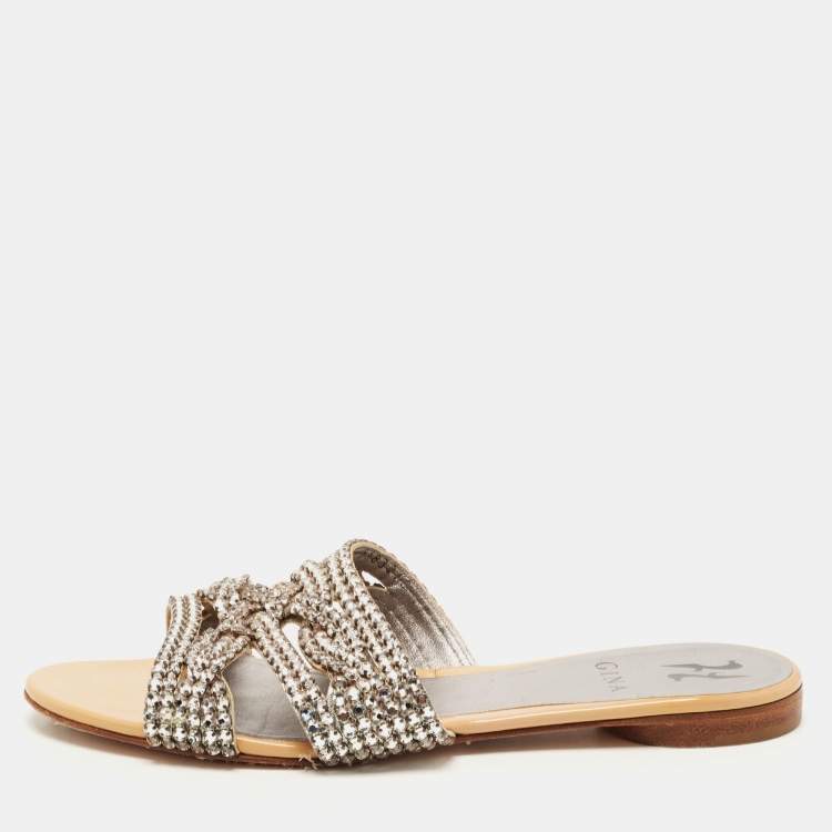 مملوكة مسبقًا Gina Silver/Beige Crystal Embellished Leather Flat Slides Size 38.5