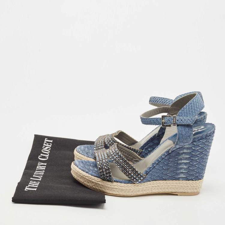 مملوكة مسبقًا Gina Blue Python and Crystal Embellished Leather Wedge Platform Ankle Strap Sandals Size 40