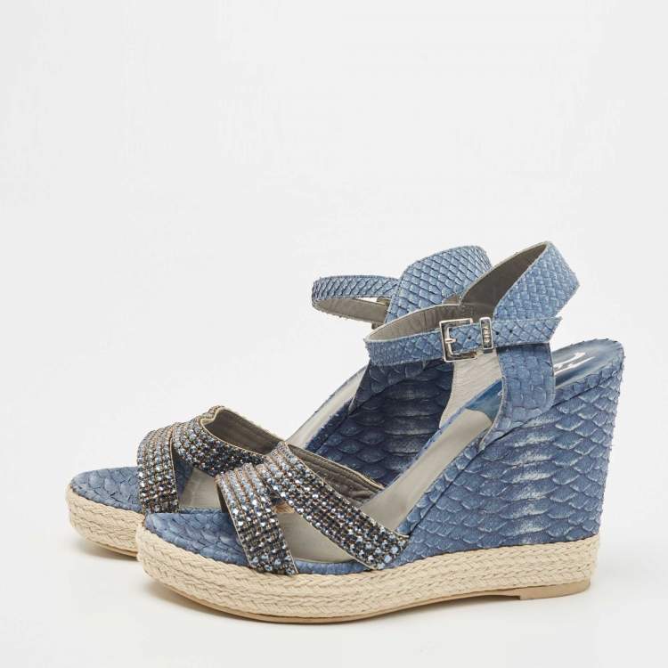 مملوكة مسبقًا Gina Blue Python and Crystal Embellished Leather Wedge Platform Ankle Strap Sandals Size 40