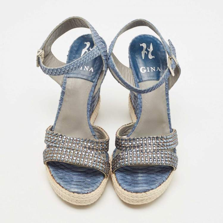 مملوكة مسبقًا Gina Blue Python and Crystal Embellished Leather Wedge Platform Ankle Strap Sandals Size 40