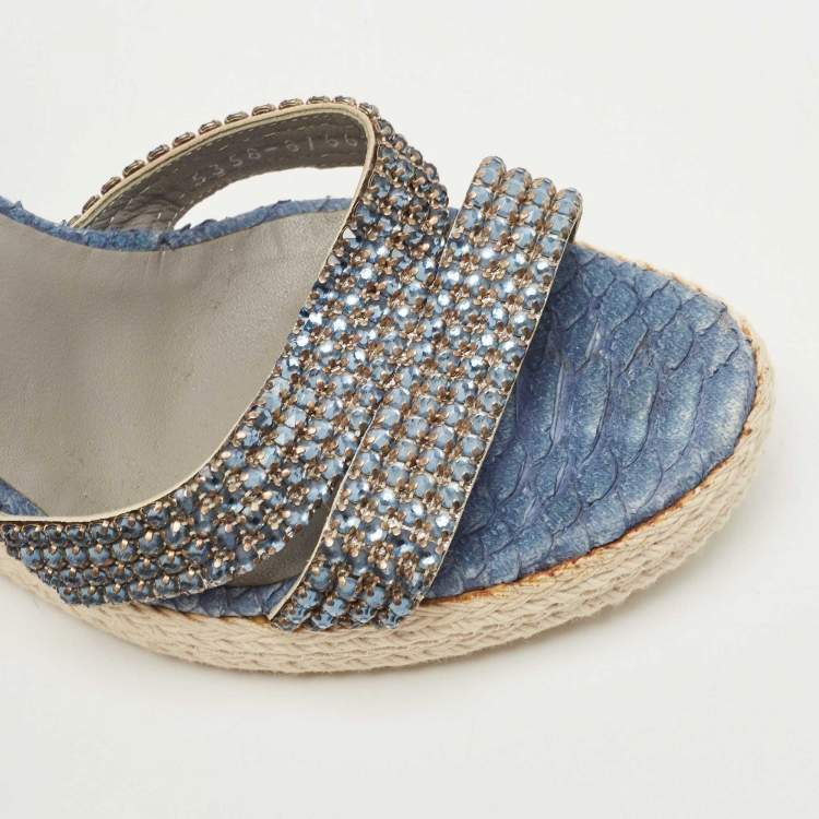 مملوكة مسبقًا Gina Blue Python and Crystal Embellished Leather Wedge Platform Ankle Strap Sandals Size 40