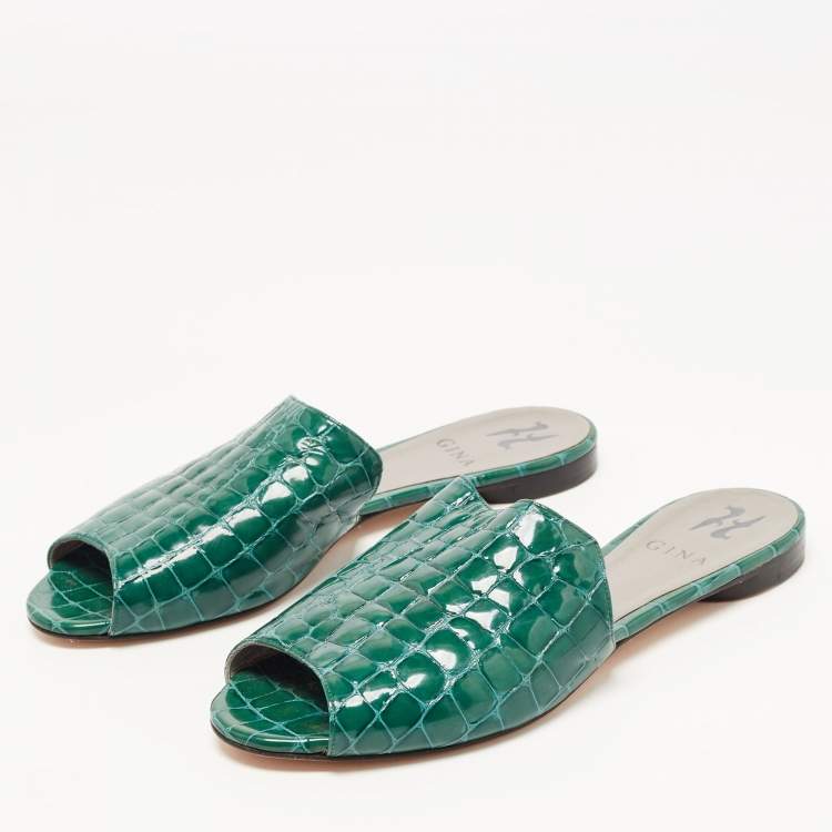 Pre Owned Gina Green Croc Embossed Leather Slide Flats Size 38.5