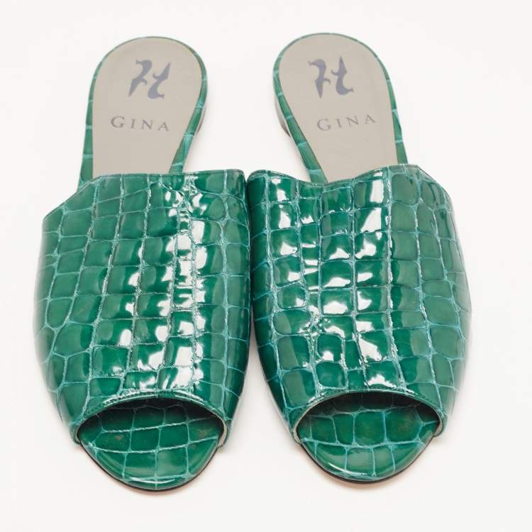 Pre Owned Gina Green Croc Embossed Leather Slide Flats Size 38.5