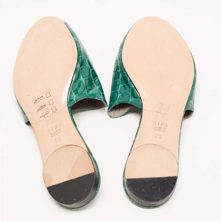 Pre Owned Gina Green Croc Embossed Leather Slide Flats Size 38.5