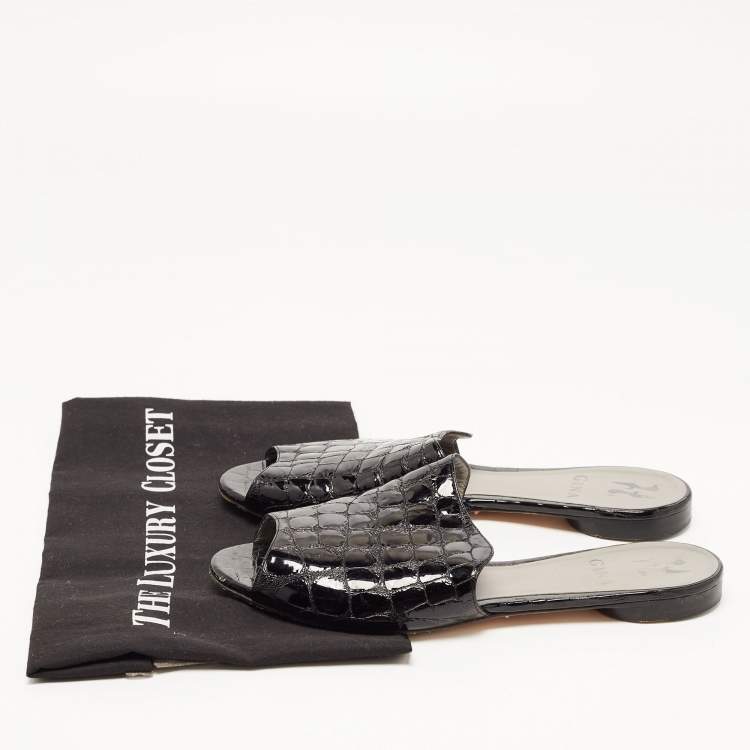 Pre Owned Gina Black Croc Embossed Leather Slip On Open Toe Flat Slides Size 38.5
