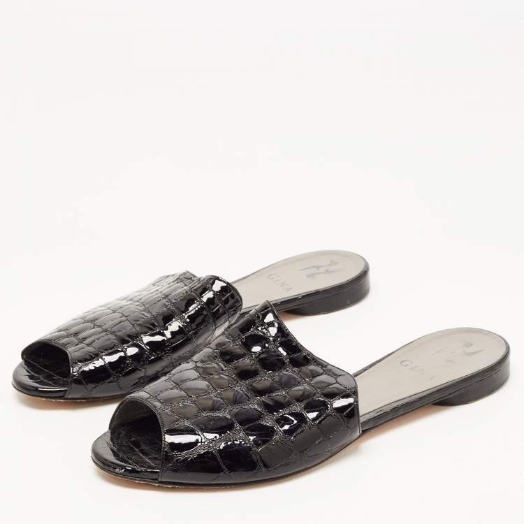 Pre Owned Gina Black Croc Embossed Leather Slip On Open Toe Flat Slides Size 38.5