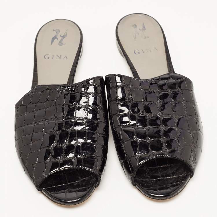Pre Owned Gina Black Croc Embossed Leather Slip On Open Toe Flat Slides Size 38.5
