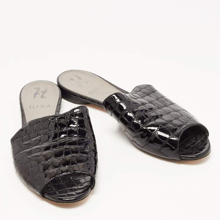 Pre Owned Gina Black Croc Embossed Leather Slip On Open Toe Flat Slides Size 38.5