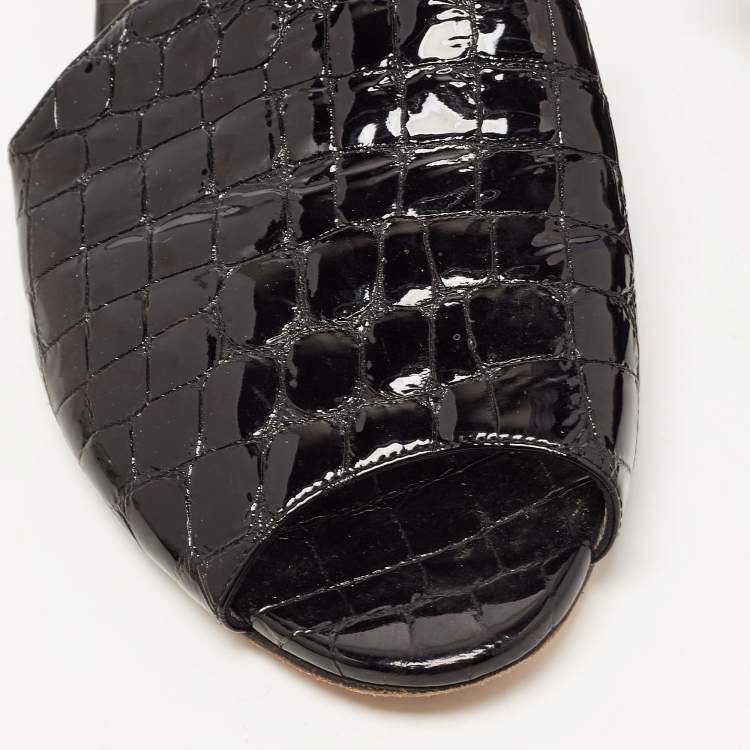 Pre Owned Gina Black Croc Embossed Leather Slip On Open Toe Flat Slides Size 38.5