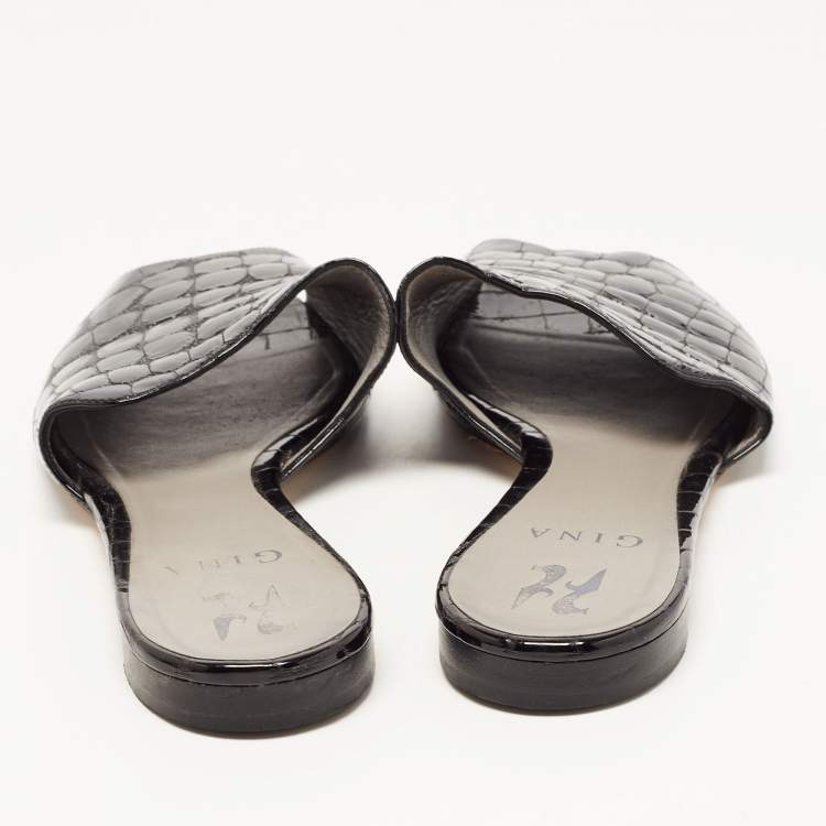 Pre Owned Gina Black Croc Embossed Leather Slip On Open Toe Flat Slides Size 38.5
