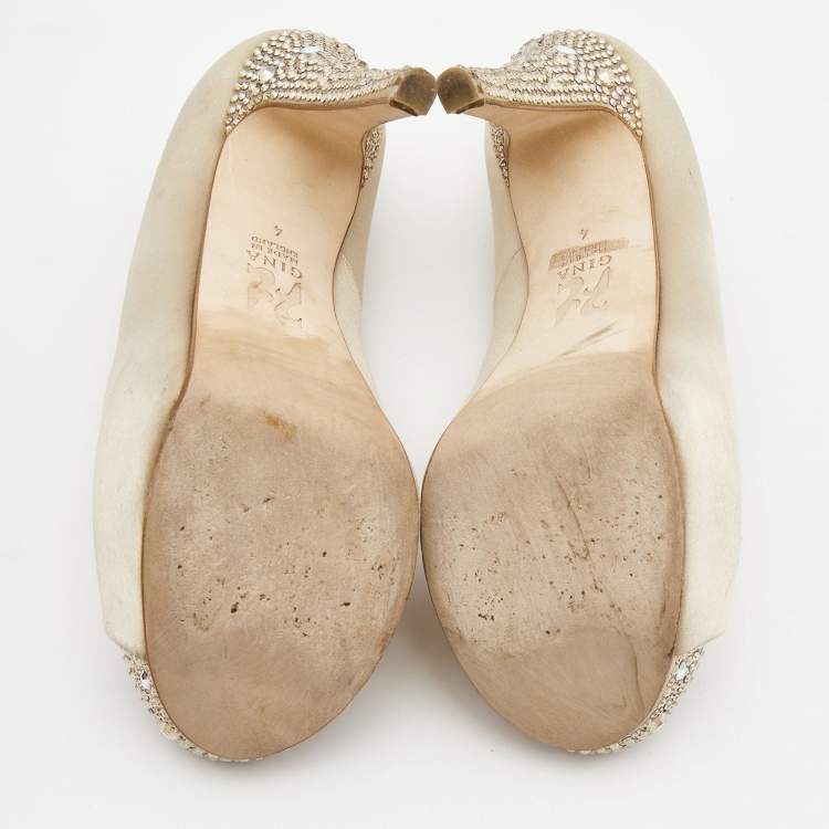 Pre Owned Gina Beige Satin Crystal Embellished Heel Peep Toe Platform Pumps Size 37