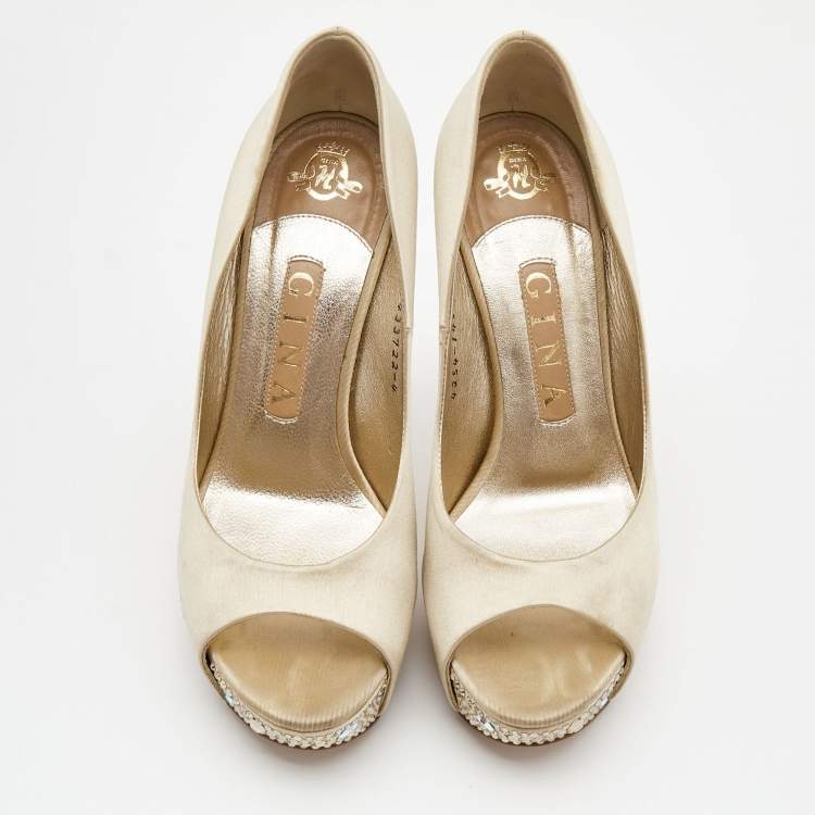 Pre Owned Gina Beige Satin Crystal Embellished Heel Peep Toe Platform Pumps Size 37