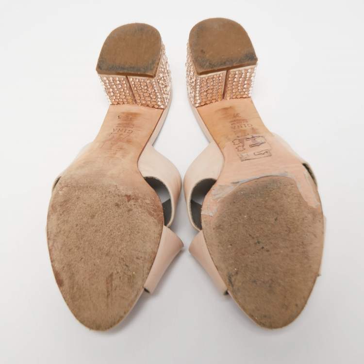 Pre Owned Gina Light Pink Leather Crystal Embellished Heel Slide Sandals Size 37 