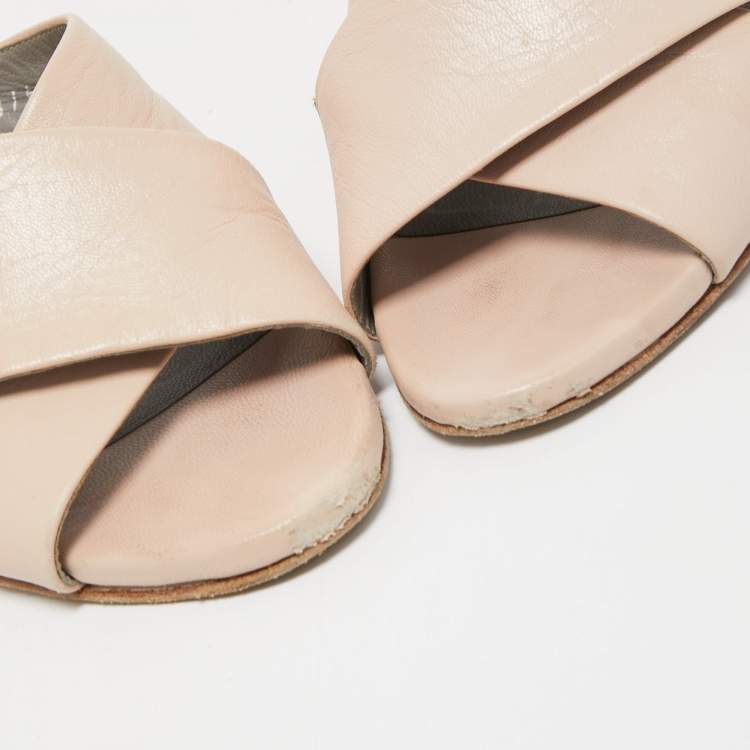 Pre Owned Gina Light Pink Leather Crystal Embellished Heel Slide Sandals Size 37 