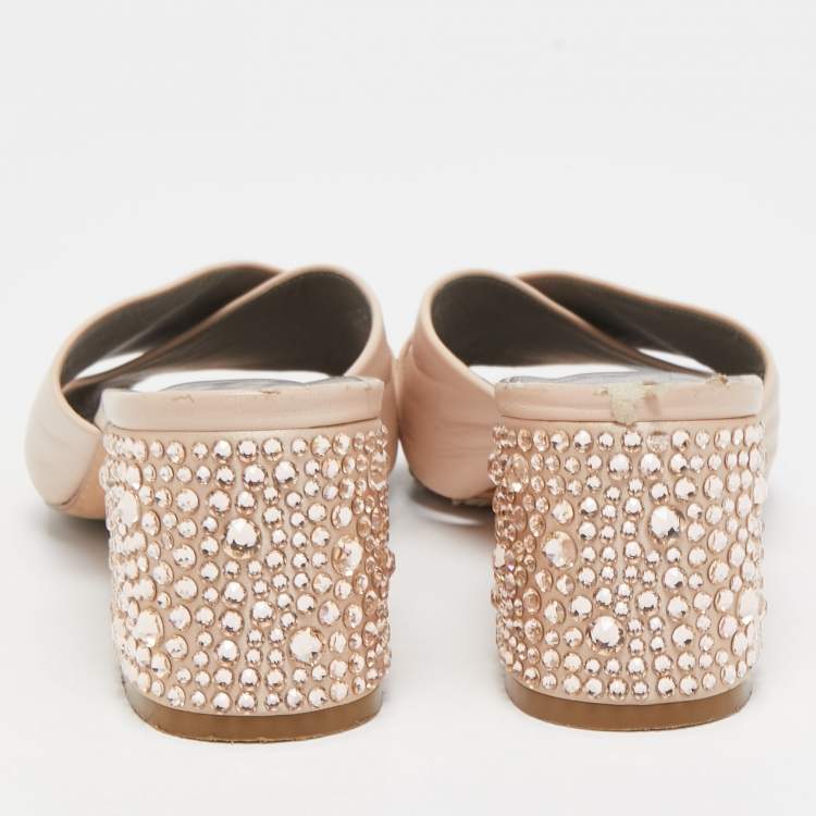 Pre Owned Gina Light Pink Leather Crystal Embellished Heel Slide Sandals Size 37 
