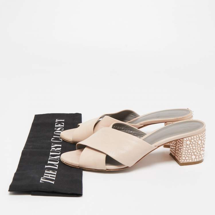 Pre Owned Gina Light Pink Leather Crystal Embellished Heel Slide Sandals Size 37 
