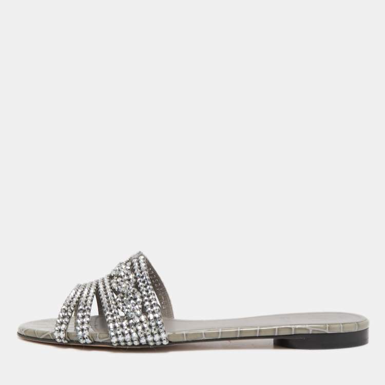 Pre Owned Gina Grey Crystal Embellished Leather Flat Slides Size 39.5